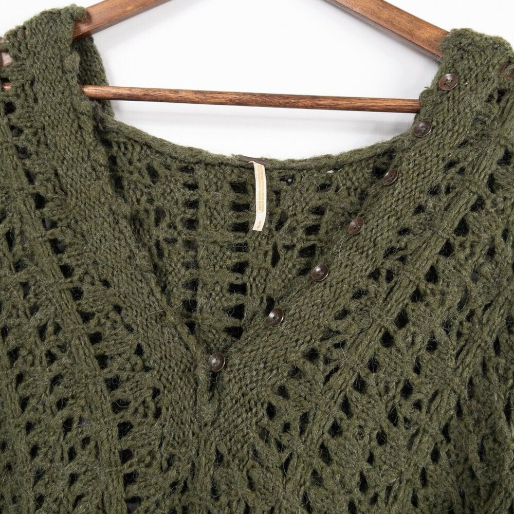 Free People Green Alpaca Mohair Blend Knit Pullover Button Hooded Sweater Small - Picture 3 of 8